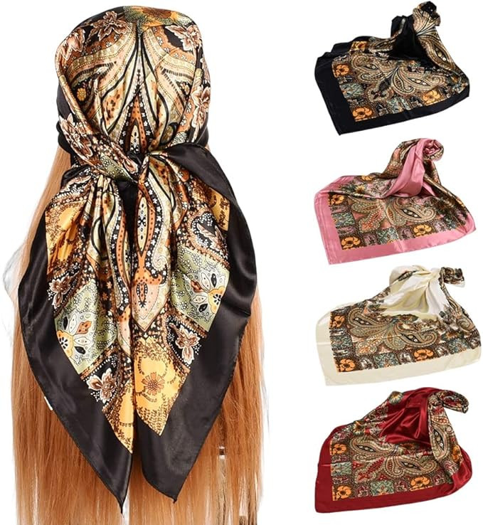 4Pcs Silk Head Scarves for Women Satin Hair Scarf 35”Large Square Bandana Silk Like Neck Scarf ... | Amazon (US)