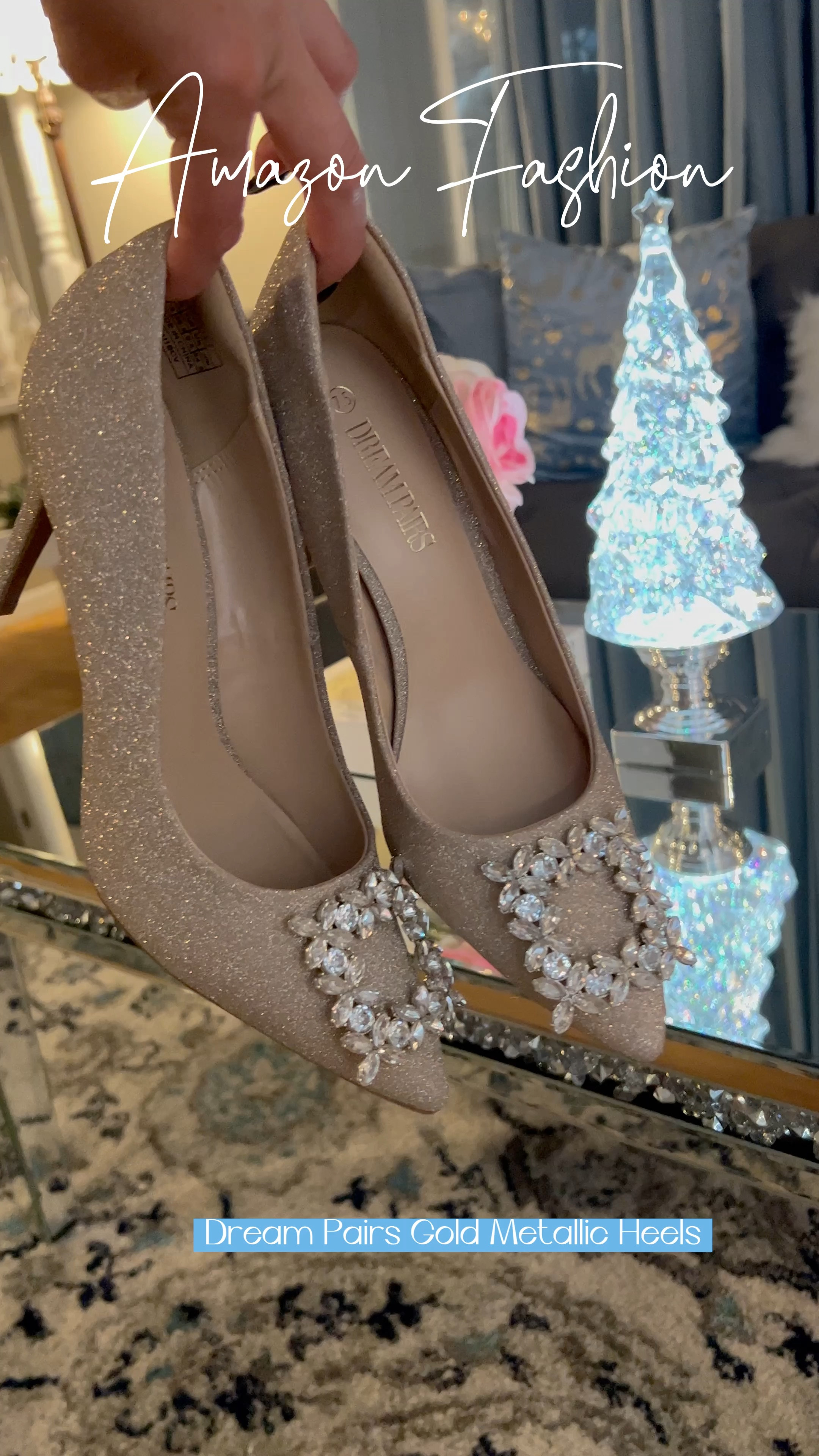 Gold metallic rhinestone buckle heel also available in silver - NYE shoes - NYE outfit — New Year’s Eve outfit - Amazon Fashion - Amazon Finds 

#LTKunder50 #LTKHoliday #LTKshoecrush