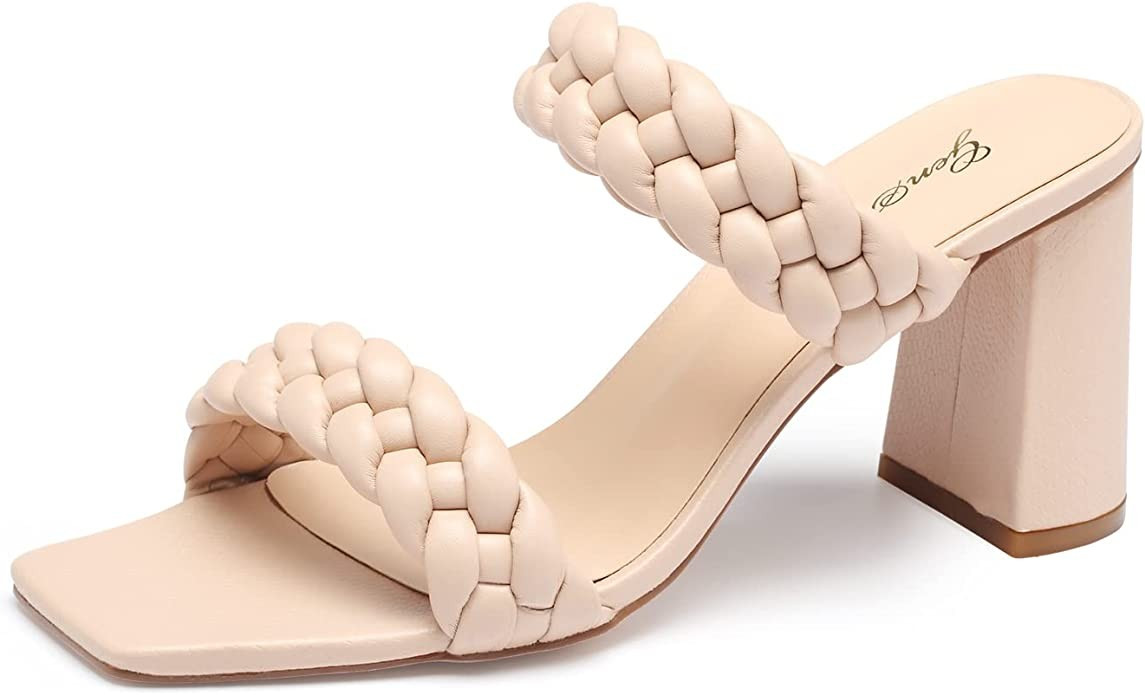 GENSHUO Women Squere Open Toe Heels Braided Two Strap Low Block Chunky Heeled Sandals | Amazon (US)
