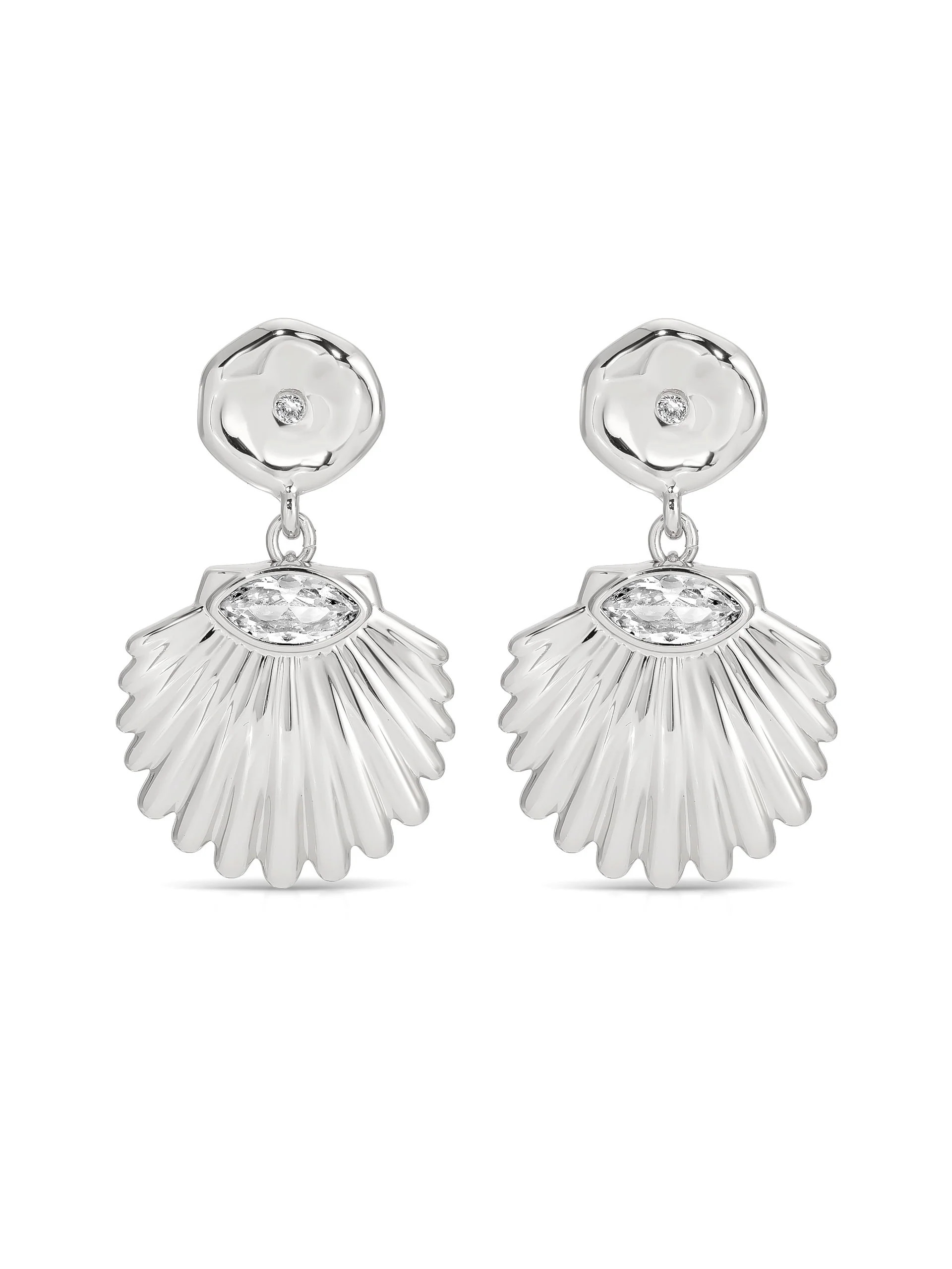 Santorini Shell Drop Earrings - Clear Crystal with Silver Plating / One Size | Ettika
