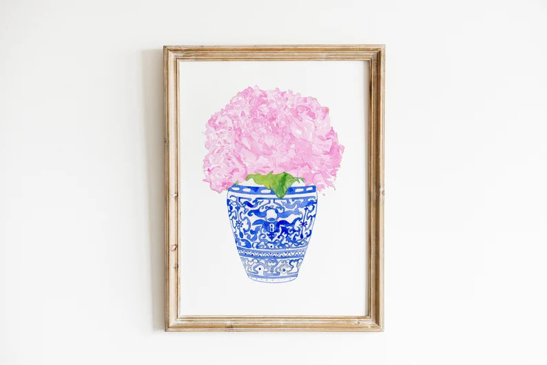 Watercolor Peony print, Coastal Blues, Watercolor Chinoiserie Pink peonies floral print, Blue and... | Etsy (US)