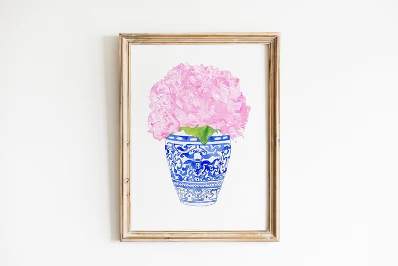 Watercolor Peony print, Coastal Blues, Watercolor Chinoiserie Pink peonies floral print, Blue and... | Etsy (US)
