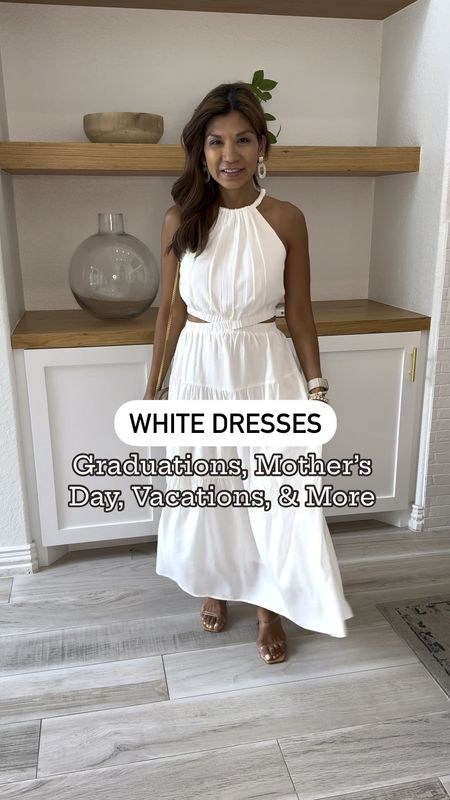 Amazon white dresses for Graduations, Mother’s Day, family photos, vacations, etc.
I’m wearing size small in all. Fit tts. 2nd outfit is actually a jumpsuit. All is lined and not see through with neutral undergarment. 
Sandals fit tts.
Bags are linked. 
Wearing my pasties with dresses 1 & 2; regular bra with 3 and 4. 
All 4 come with more color options and can be great wedding guest dress.
Amazon find, petite-friendly, fashion over 40, vacation outfit, resort wear, spring outfit, summer outfit 

#LTKover40 #LTKfindsunder50 #LTKstyletip