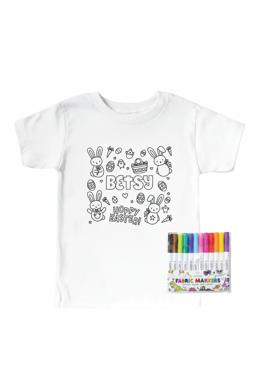 Colorable Hoppy Easter Personalized Kids Graphic Tee | White | Caden Lane