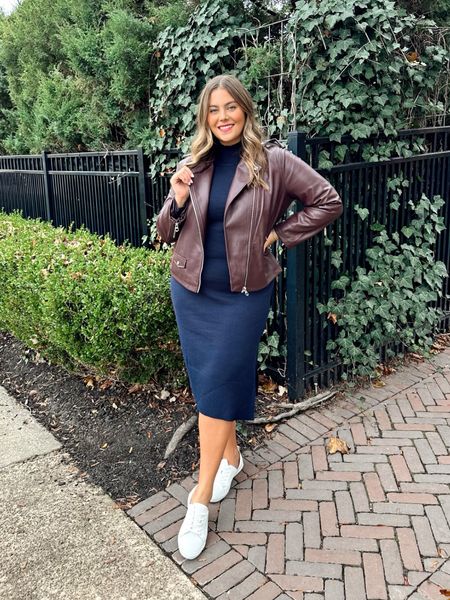 Fall outfit inspo! Pair a sweater dress with a Moto jacket and a pair of sneakers! Wearing size XL in dress and Moto jacket. Use code CARALYN10 at checkout with Spanx. 

#LTKSeasonal #LTKstyletip #LTKmidsize