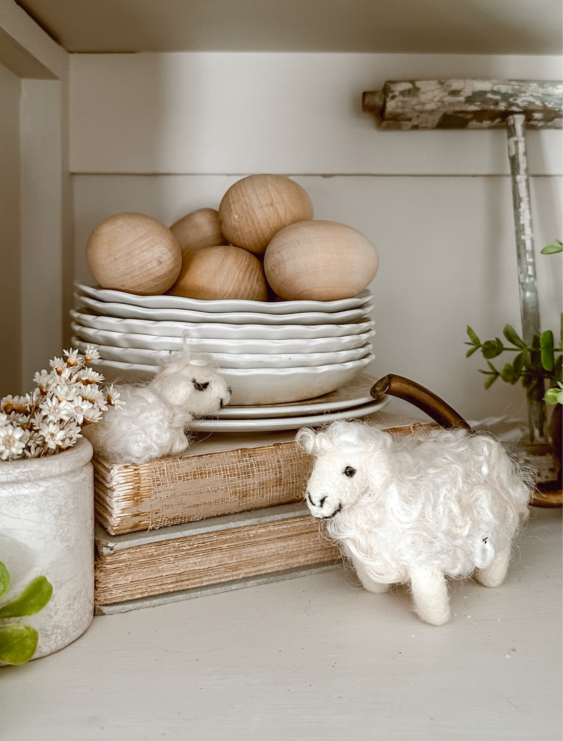 Spring decor. Needle felt sheep 🐑 Vintage books. Dried flowers. Ironstone 

#LTKhome #LTKfamily #LTKFind