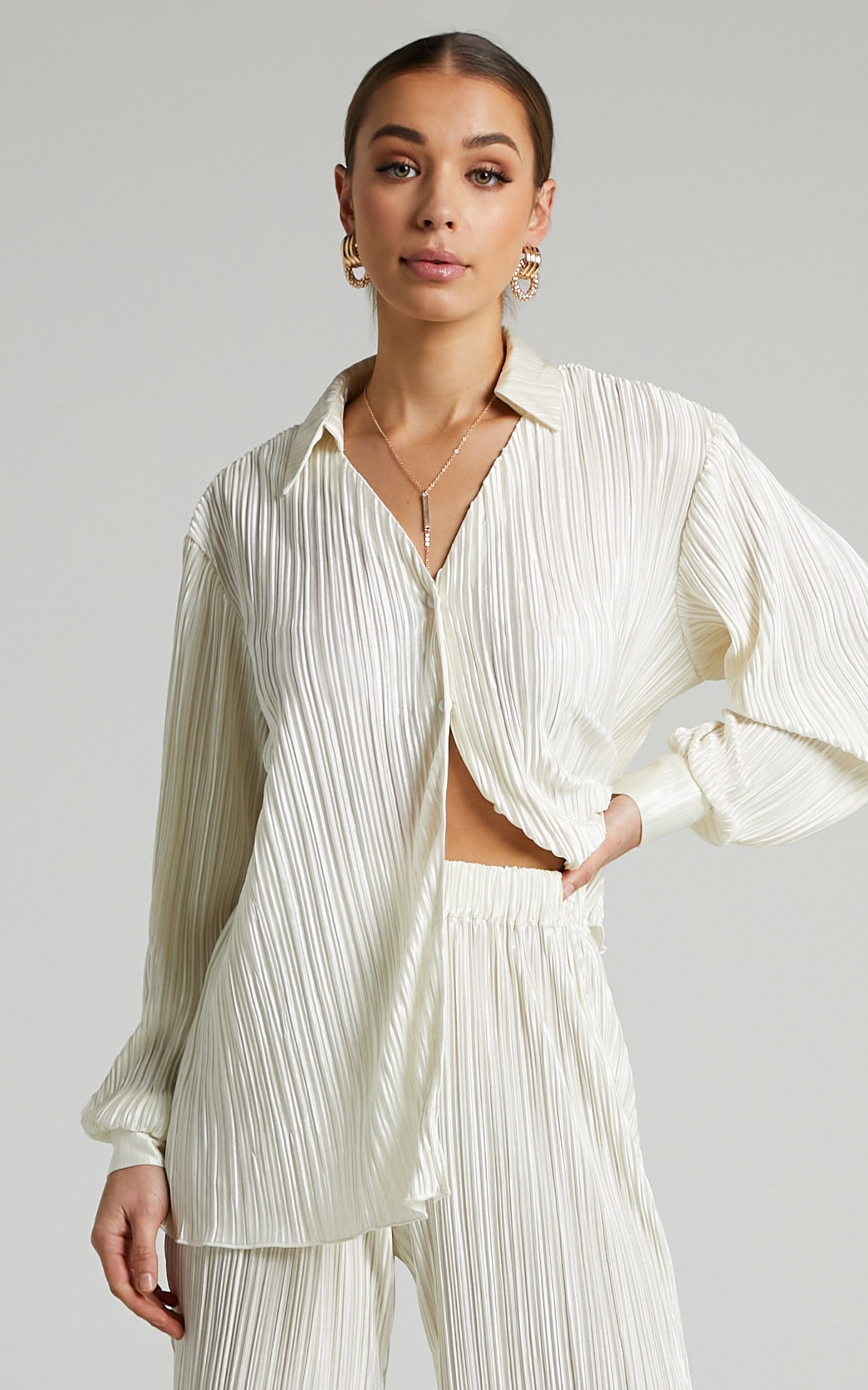 Beca Plisse Button up Shirt in Cream | Showpo (US, UK & Europe)