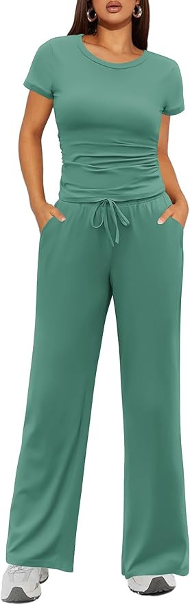 Ekouaer Women's 2 Piece Lounge Sets Ruched Short Sleeve Pajama Set High Waisted Wide Leg Pants Lo... | Amazon (US)