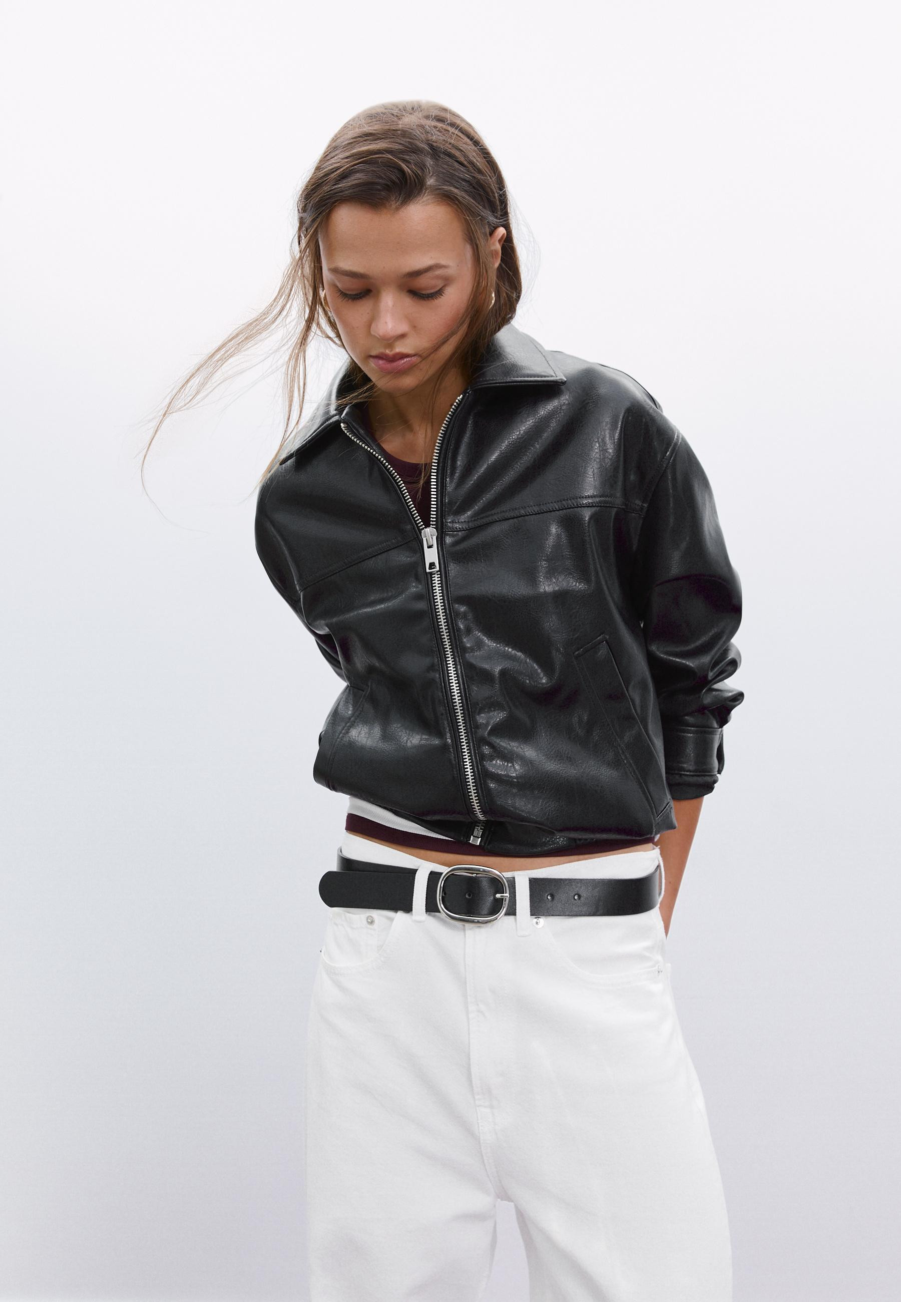 Oversize faux leather jacket - Women's fashion | Stradivarius United Kingdom | Stradivarius (UK)