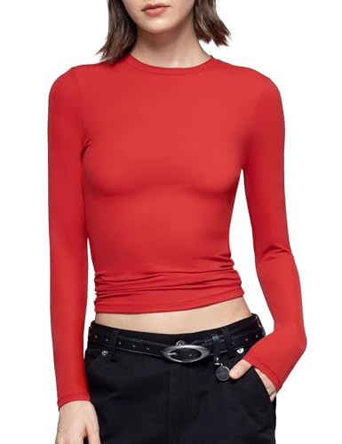 PUMIEY Women's Long Sleeve T Shirts Crew Neck Slim Fit Going Out Tops for Women Sexy Basic Tee, Ruby Small | Amazon (US)