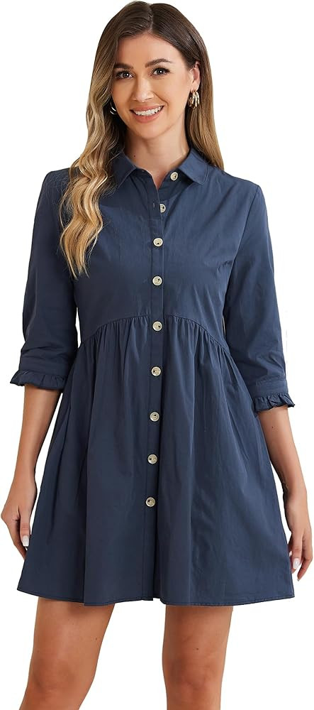 Allegra K Women's Shirt Dress Button Down 3/4 Sleeve School Work Mini Casual Shirtdresses | Amazon (US)