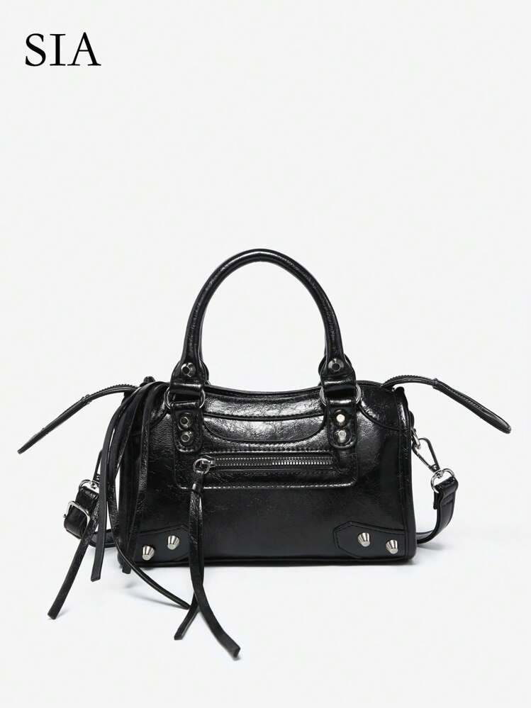 1pc Women's Retro Y2K Punk Biker Grunge Style Rivet Decor Multi-Pocket Faux Oily Cracked Leather Motorcycle Bag, Suitable For Outings, Dates, Parties, 2000s Fashion Style Bag For Women, Street & Japanese Bag For Women , Y2k , Goth , Punk | SHEIN