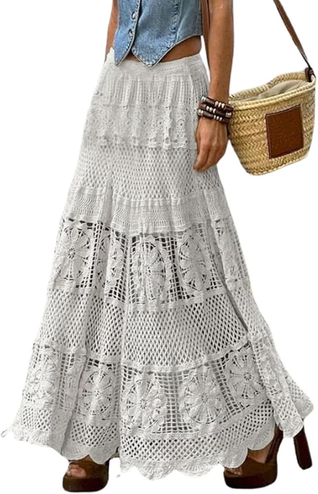 chouyatou Women's Western Floral Lace Crochet Knit Maxi Boho Skirt A-Line Eyelet Hippie Flowy Lon... | Amazon (US)