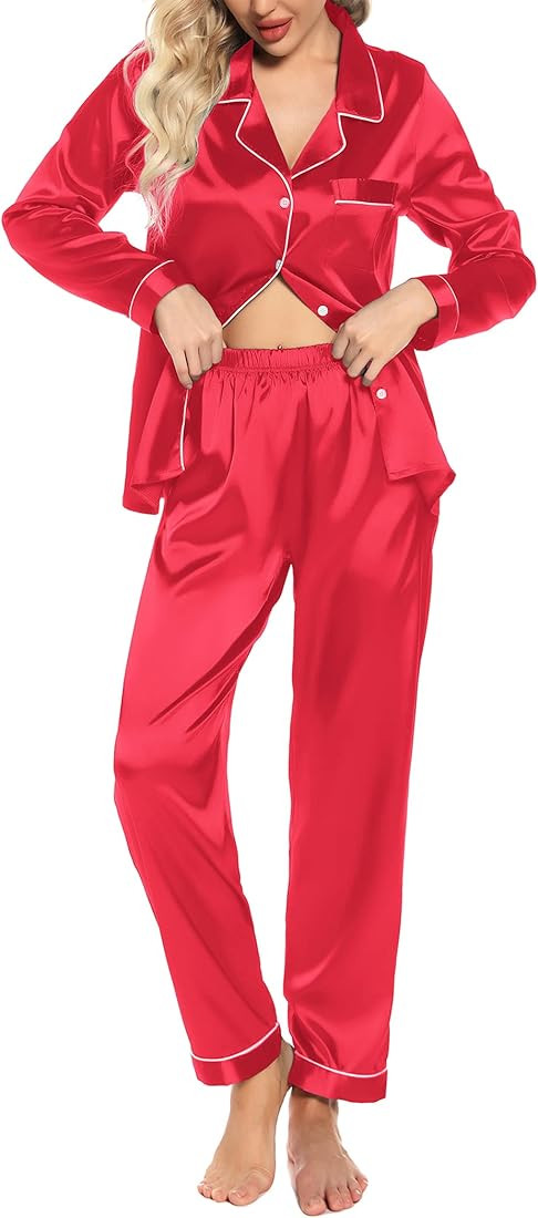 Pjmlifecoco Women Satin Pajamas Long Sleeve Soft Silk Pjs Set Button Down Sleepwear Two-Piece Lou... | Amazon (US)