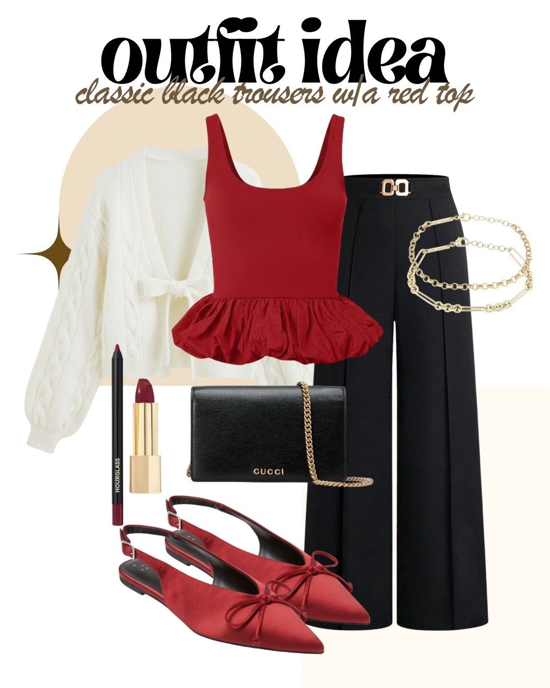 A pop of red is all you need for the holidays! 😍 This #OutfitIdea nails sophisticated chic with classic black trousers and an eye-catching red peplum top. The crisp white cardigan and matching red flats tie it all together beautifully. It's all about the details!

#PopOfColor #RedAccessories #ClassicChic #BlackAndRedOutfit #WorkWearStyle #FashionDetails #Gucci #Hourglass #StyleCrush #WardrobeEssentials #ElegantLook #FashionGoals #ShopTheseLooks #LTKaccessories #LTKbeauty #TimelessStyle

#LTKootd #LTKFindsUnder50 #LTKHoliday