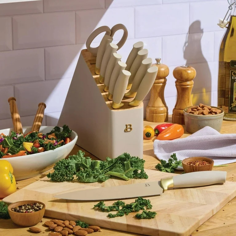 Beautiful 12 Piece Porcini & Gold Knife Block Set with Soft-Grip Ergonomic Handles by Drew Barrym... | Walmart (US)