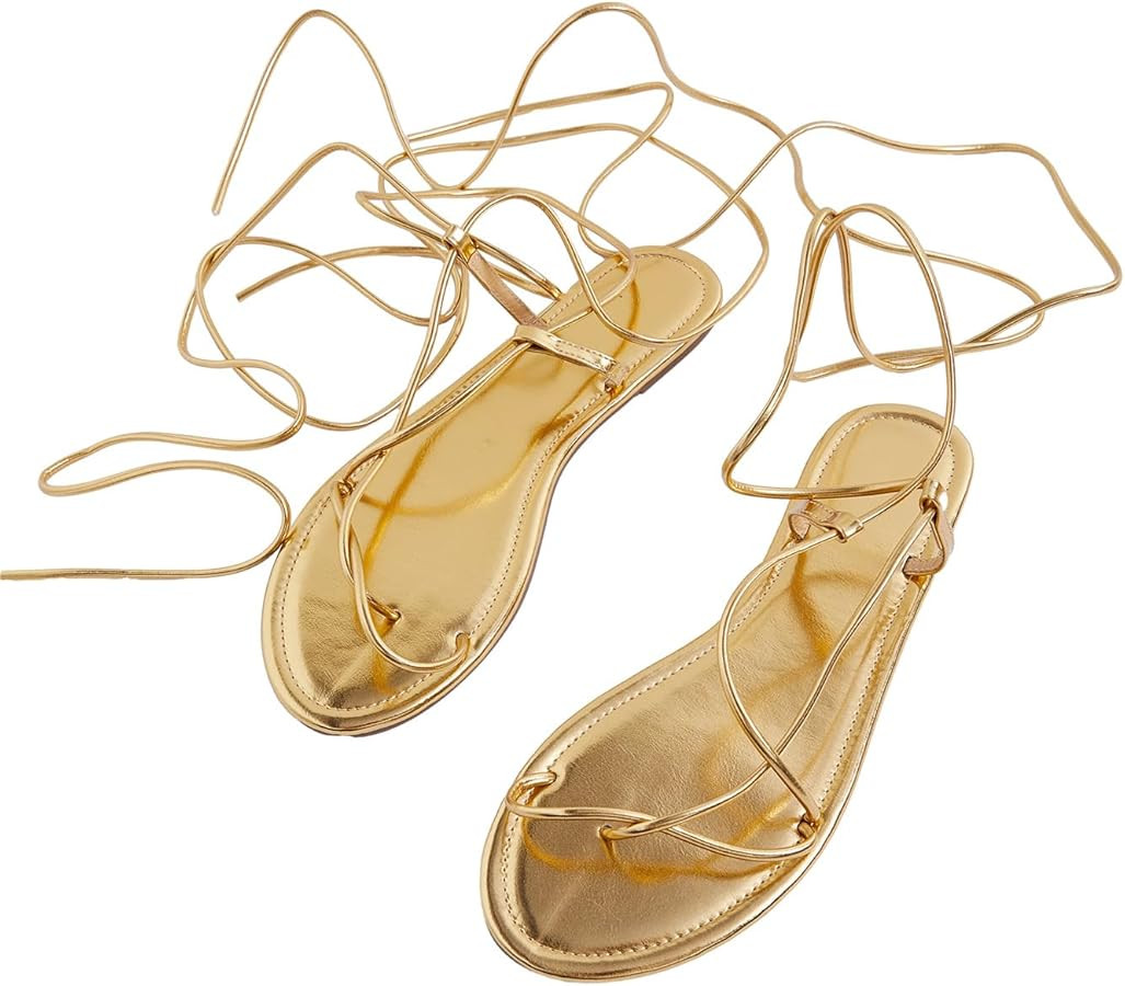 Verdusa Women's Lace Up Toe Tie Calf Strappy Flat Sandals Slides Slippers | Amazon (US)