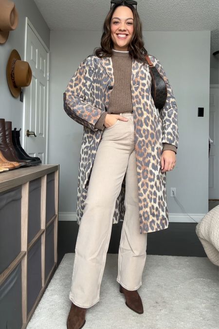 Styling a leopard print trench coat! Details below:
-Ganni leopard print trench coat. I have a size 40. 
-Abercrombie beige wide leg jeans. I have a size 29 long. 
-Poppy Barley bark beige knit crew neck sweater, I have a large. 
-Celine Triomphe Ava bag. 
-Brown suede ankle boots  
-Celine Triomphe sunglasses. #LTKMostLoved

#LTKstyletip #LTKSeasonal