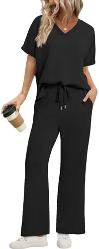 Sampeel Lounge Sets for Women V Neck Turn-UP Sleeves Tops Wide Leg Pants 2 Piece Sets Oversized S... | Amazon (US)