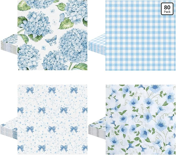 80Pcs Blue Floral Napkins, 6.5 In Hydrangea Napkins 2 Ply Vintage Decorative Napkin Flower Napkin... | Amazon (US)