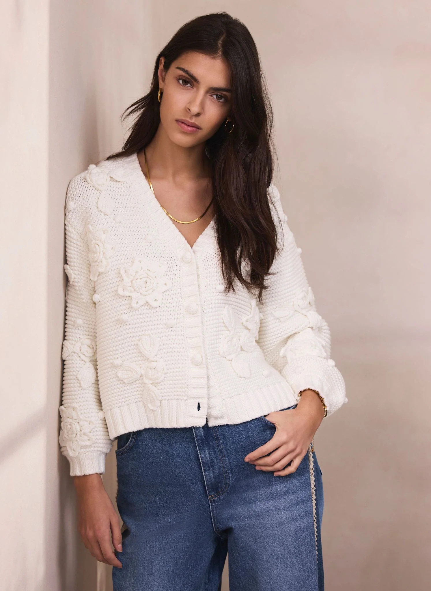 Cream Applique Flower Cardigan | Mint Velvet