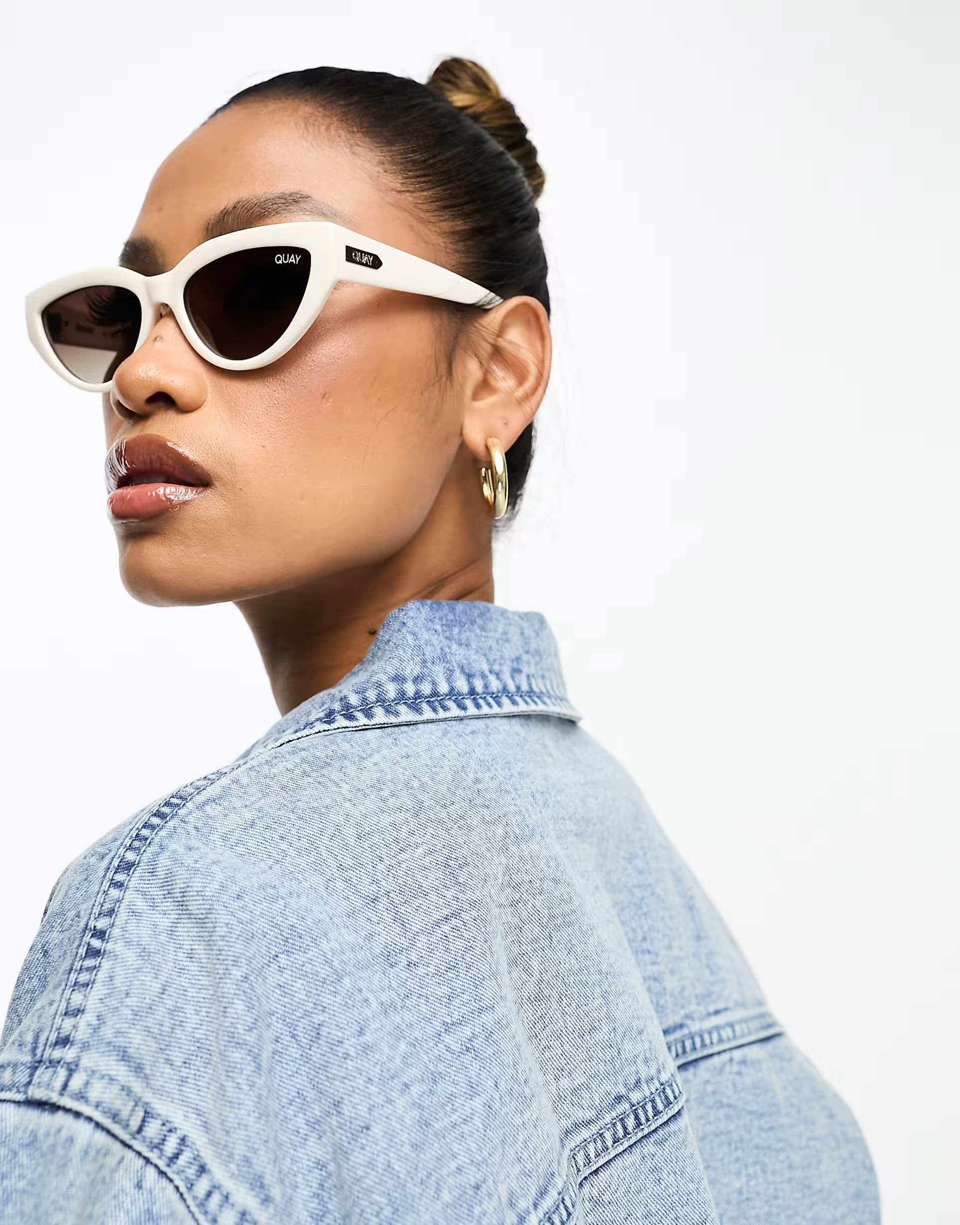 Quay narrow down polarized slim cat eye sunglasses in bone white | ASOS (Global)