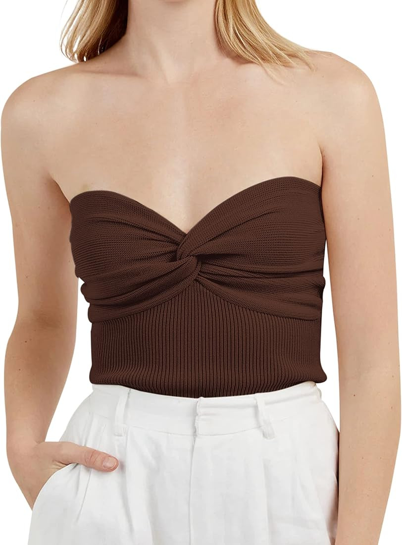Women’s Sexy Twist Front Knitted Tube Top Strapless Solid Ruched Rib-Knit Crop Top Tank Top | Amazon (US)