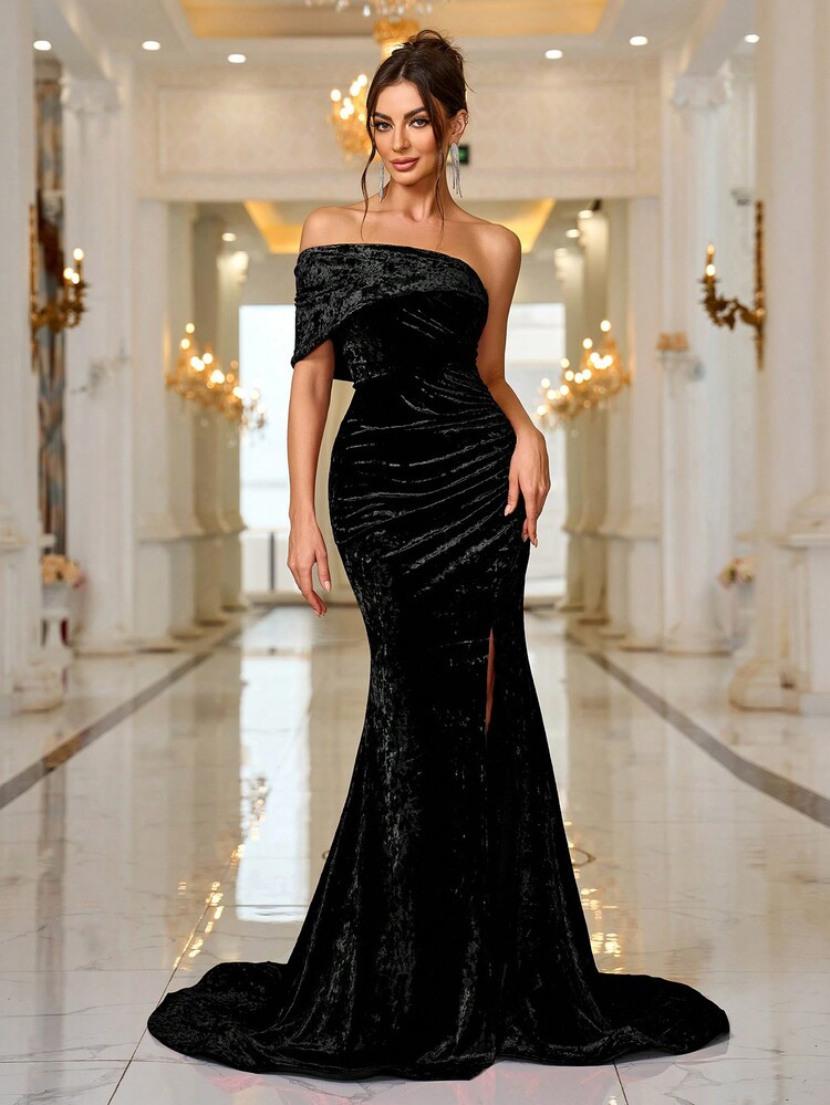 Spring/Summer New Velvet Spaghetti Strap Draped Train Maxi Dress | SHEIN