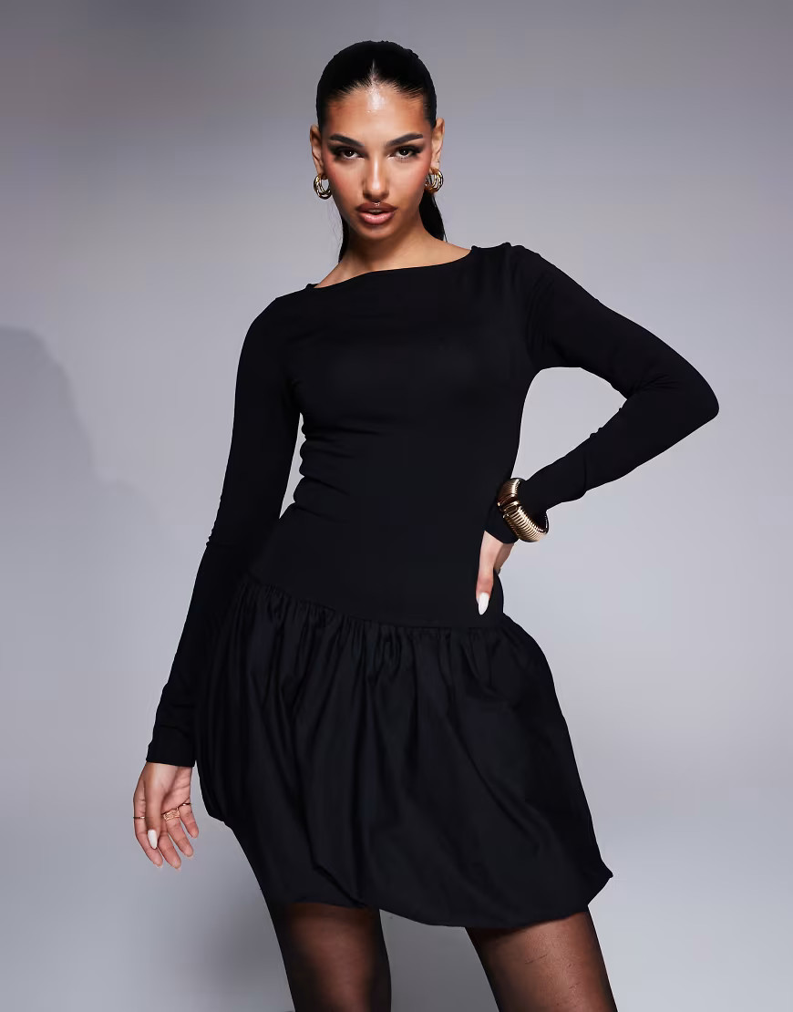 ASOS DESIGN – Ballon-Minikleid in Schwarz mit Popeline-Rock und niedrigem Bund | ASOS (Global)