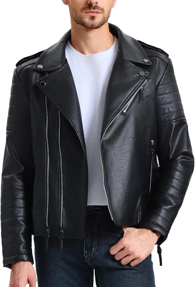 WULFUL Men's Leather Jackets, Faux Bomber Jacket for Men Motorcycle Lapel Asymmetric Zip-Up Slim ... | Amazon (US)