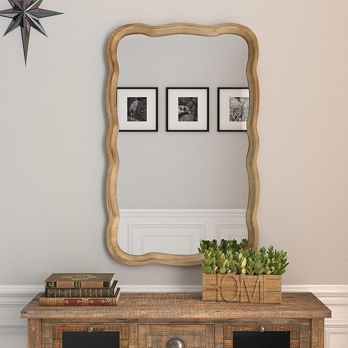 Curved Wood Frame Accent Mirror, Farmhouse French Country Decorative Wall Mirror, Rectangle 23.5... | Amazon (US)