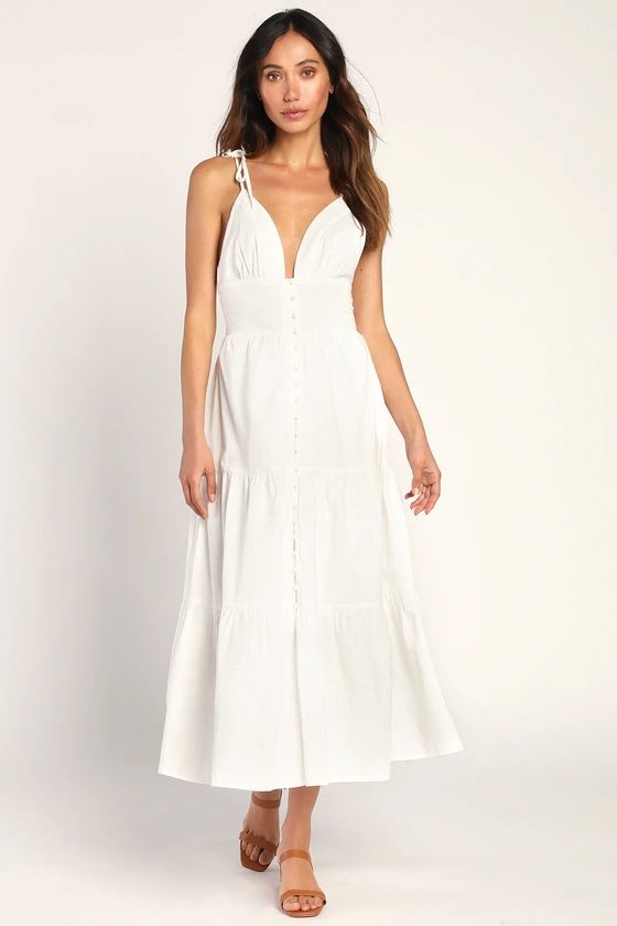 Being Beautiful White Tie-Strap Tiered Midi Dress | Lulus (US)