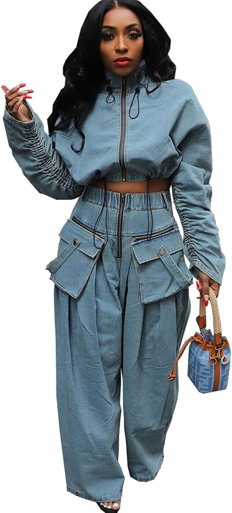 Angsuttc Womens Two Piece Sets Denim Outfit Ruched Long Sleeve Zip Up Cropped Jean Jacket Wide Le... | Amazon (US)