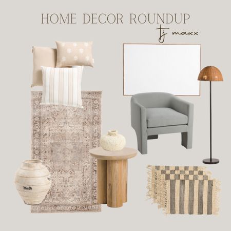 Tj maxx home decor roundup, neutral pillows, neutral rug, wooden side table, terracotta vase, accent chairs 

#LTKhome #LTKunder100 #LTKunder50