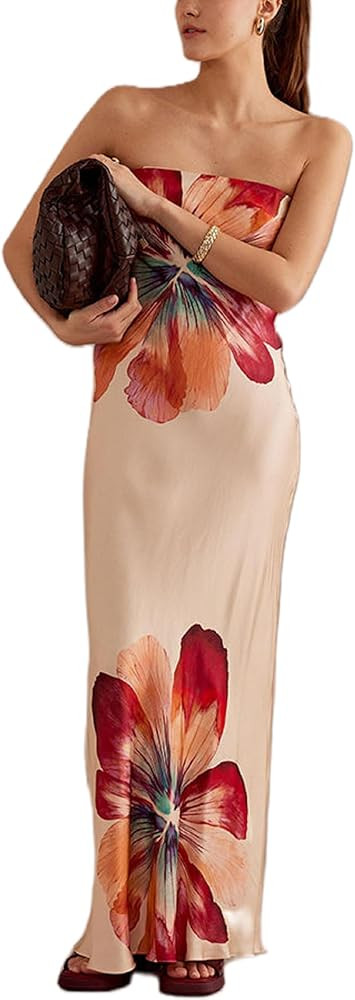 Women Y2K Floral Long Tube Dress Strapless Flower Print Maxi Dress Off Shoulder Bodycon Dress Sum... | Amazon (US)