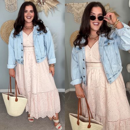 Spring + Summer eyelet maxi dress 🌸☀️🍉 Bedazzled jean jacket, heels, straw tote bag, designer look-a-like sunglasses 
Dress size 14 
Denim jacket XL

#LTKSeasonal #LTKplussize #LTKstyletip