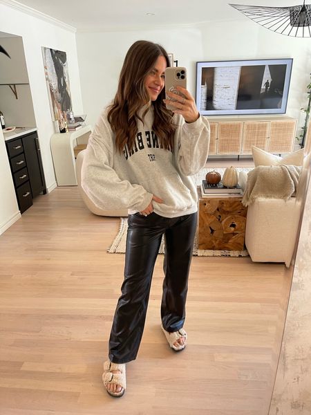 Styling the vegan leather straight pants a few ways! I got my true size in the regular length. Wearing a S hoodie. Birks fit TTS. // fall outfit, fall outfits, fall style, fall trends, fall outfit inspo, leather pants outfit