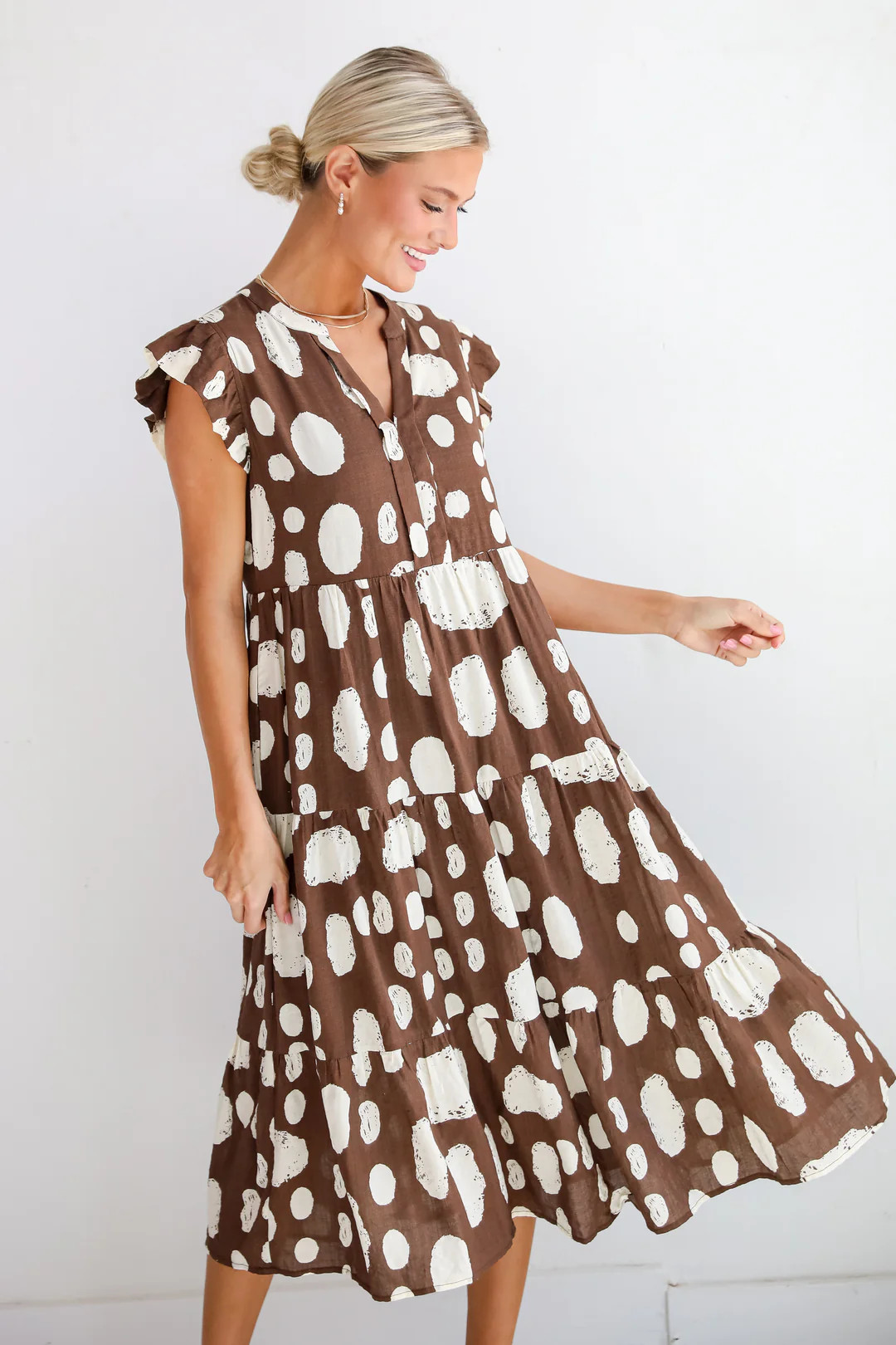Simply Desirable Brown Dotted Tiered Midi Dress | Dress Up