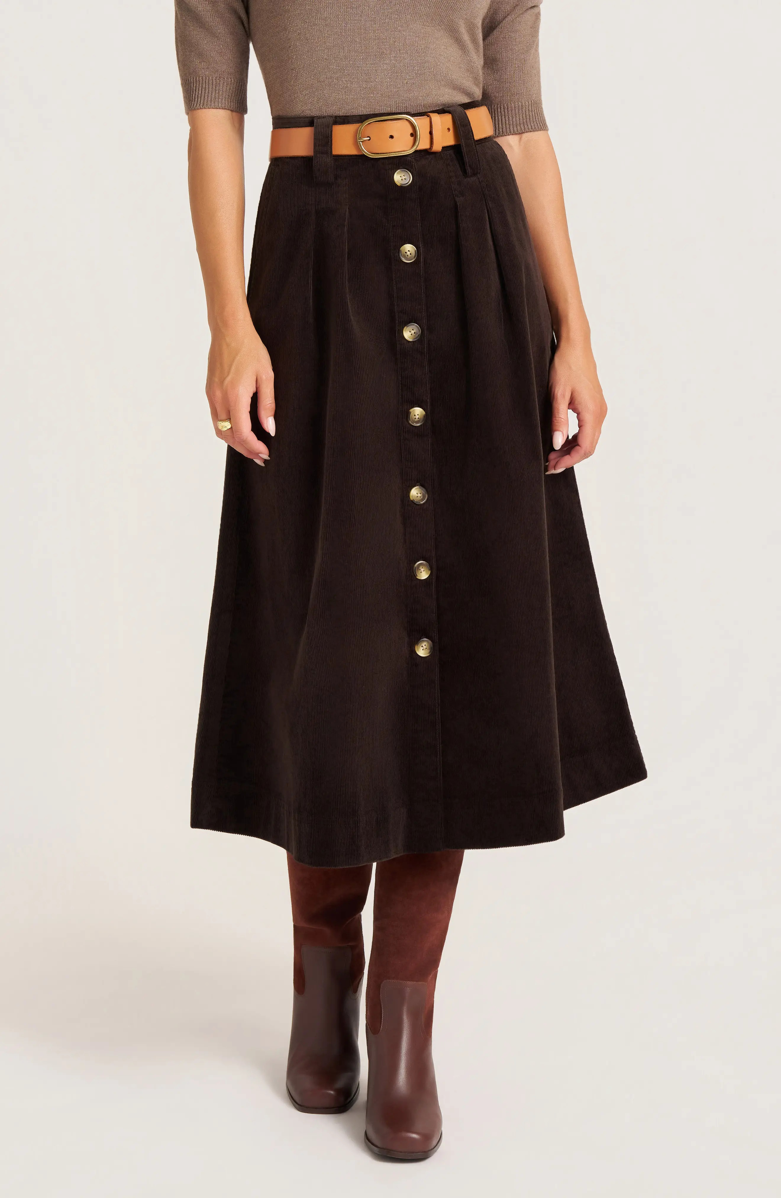 matty m. Marlowe Cotton Blend Corduoy Midi Skirt in Brick at Nordstrom, Size Large | Nordstrom