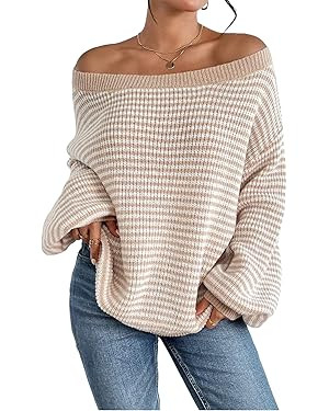 ZAFUL Women Off Shoulder Sweater Long Sleeve Knit Sweater Loose Pullover Jumper Tops | Amazon (US)
