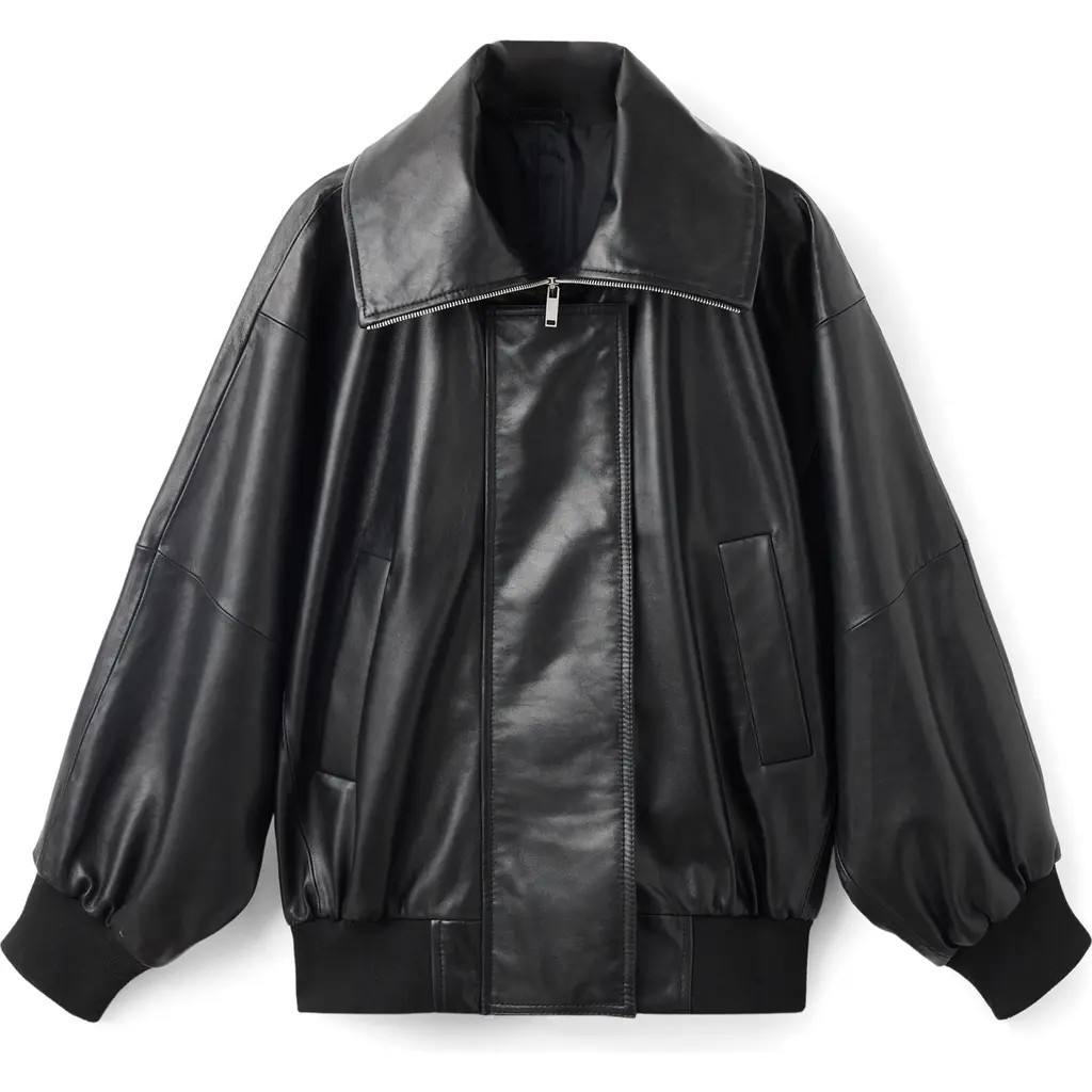MANGO Selection Oversize Leather Bomber Jacket in Black at Nordstrom, Size Medium | Nordstrom