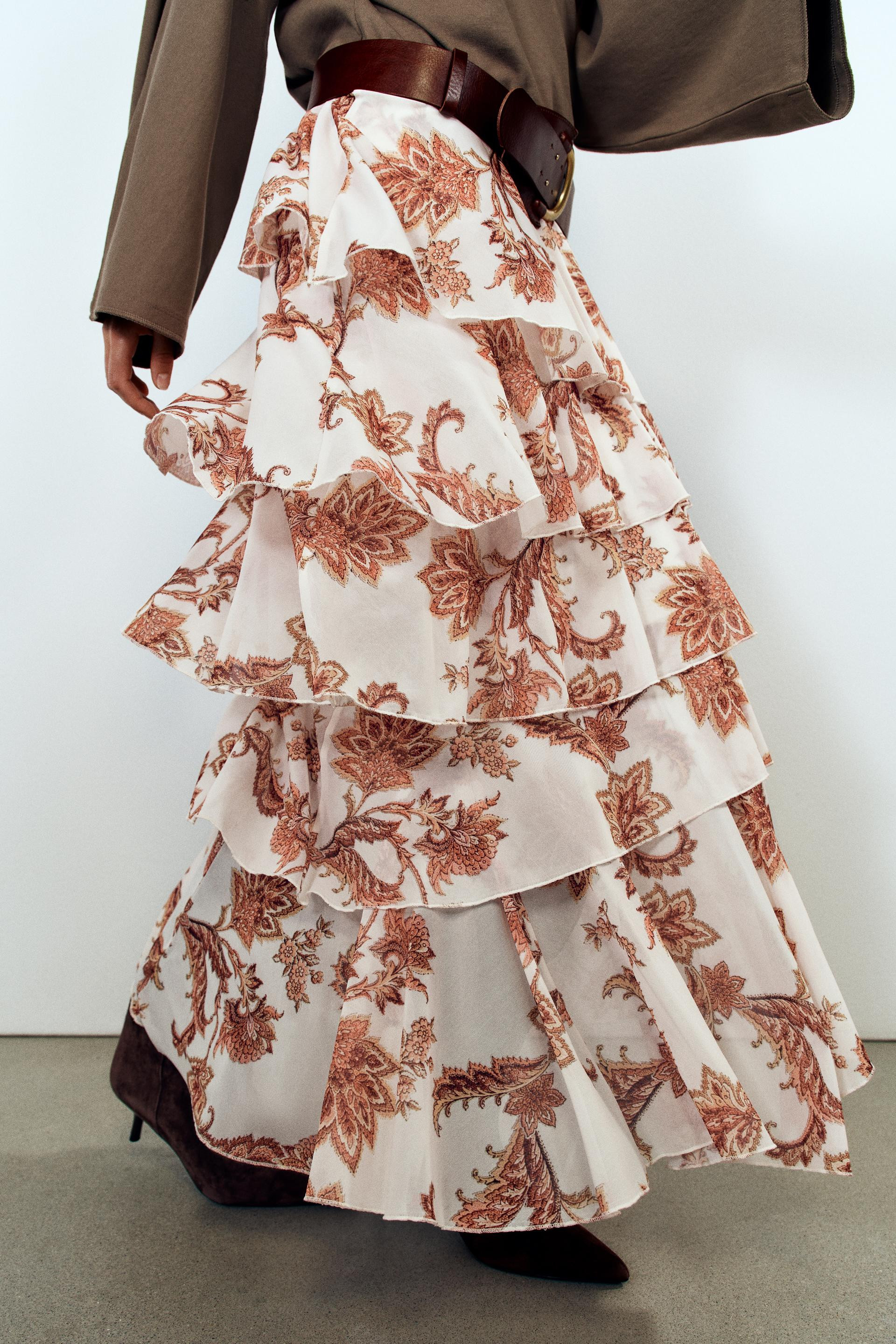 Zara - Printed Ruffle Skirt - Tans - S - Woman | Zara US