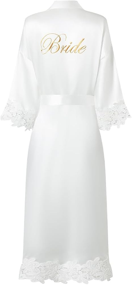 Women's Long Bride Bridesmaid Robes with Lace Trim Embroidery Bridal Silky Satin Kimono Wedding P... | Amazon (US)