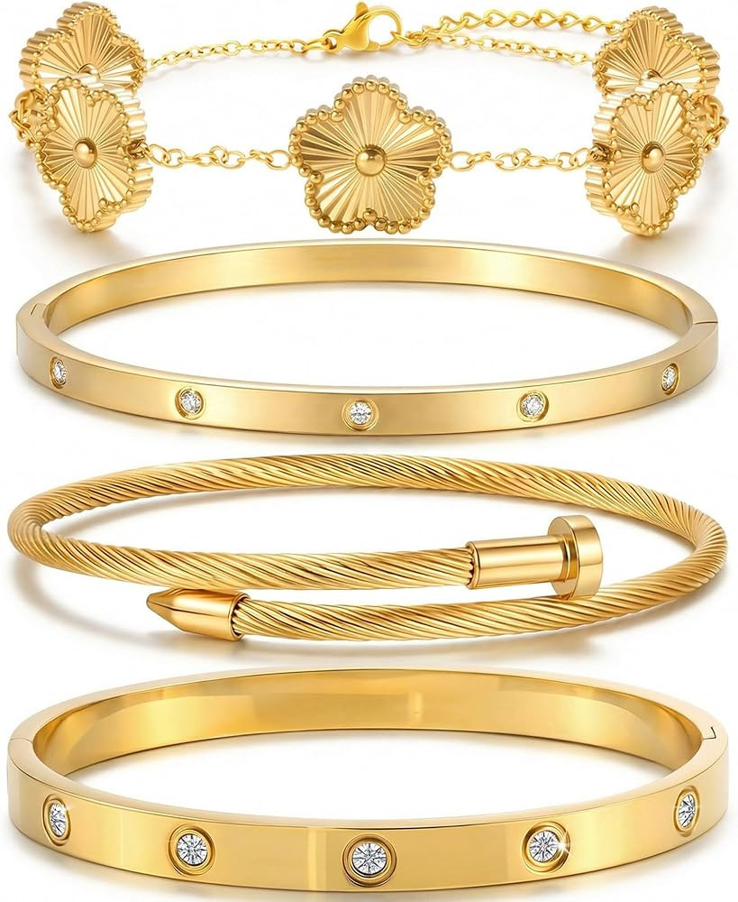 18K Gold Bracelets for Women - Stackable Clover & Nail Love Bangle Set - Non-Tarnish Jewelry Gift... | Amazon (US)