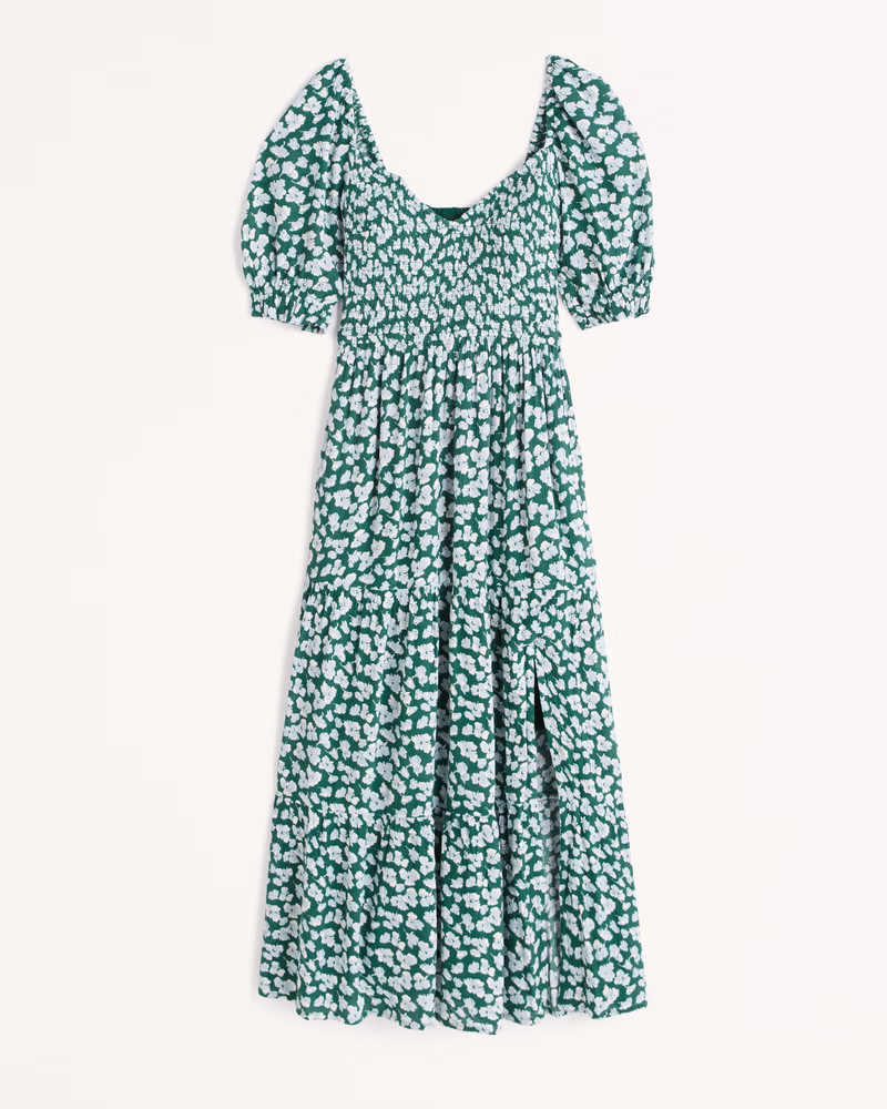 Women's Short-Sleeve Smocked Midi Dress | Women's Dresses & Jumpsuits | Abercrombie.com | Abercrombie & Fitch (US)