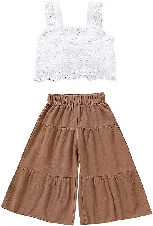 2PCS Baby Girl Flared Pants Sets, Sleeveless Strap Lace Crop Vest Tops + Wide-Leg Capris Pants | Amazon (US)