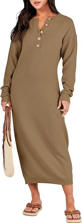 ANRABESS Women Sweater Dress Long Sleeve Button V Neck Oversized Casual Loose Fall Waffle Knit Lo... | Amazon (US)