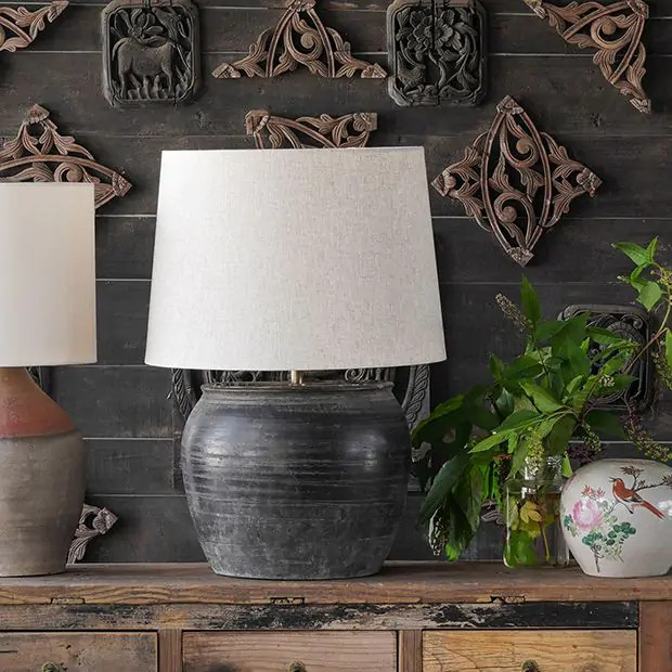 Vintage Clay Pot Table Lamp With Drum Shade | Antique Farm House