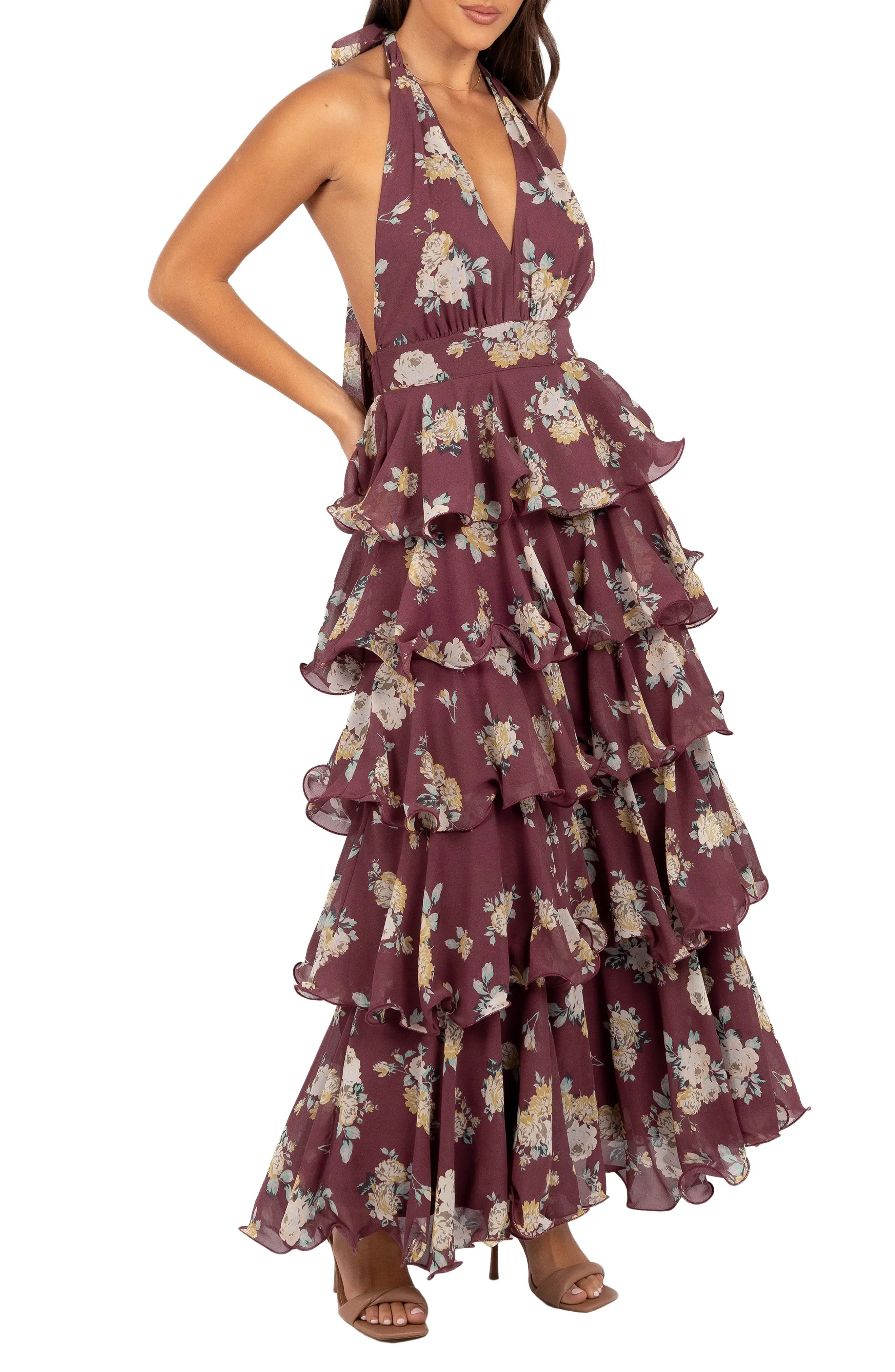 Petal & Pup Kendall Tiered Halter Neck Maxi Dress in Dark Wine at Nordstrom, Size Large | Nordstrom