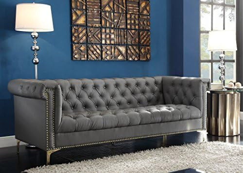 Iconic Home Grey Winston PU Button Tufted with Trim Gold Tone Metal Y-shaped Feet Sofa | Amazon (US)